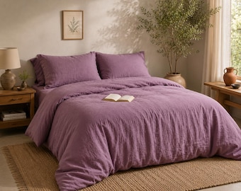 Mauve Purple Stonewashed Linen Duvet Cover Set, Soft Cozy Bedding, Minimalist Bedroom Decor