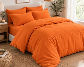 Tangerine Orange Linen Duvet Cover Set, Stonewashed, Modern Minimalist Bedding