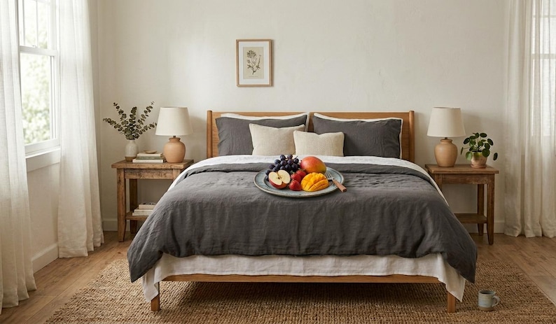 Charcoal gray linen bedding set on a wooden bed in a bright minimalist bedroom, featuring soft washed linen texture, neutral decor, natural light, and modern Scandinavian styling.