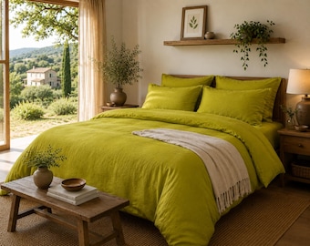 Chartreuse Green Stonewashed Linen Duvet Cover Set | Soft Farmhouse Bedding (3 Piece)