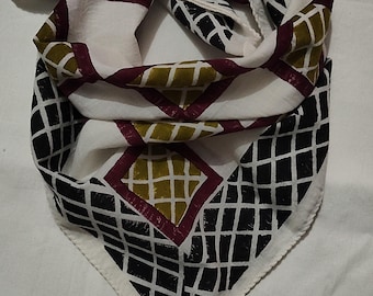 Hand Block Print Cotton Bandana Scarf | Geometric Botanical Design, Natural Dye (21x21 inches)
