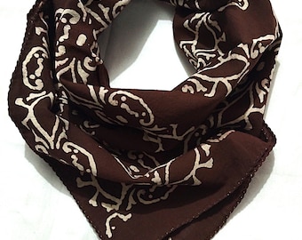 Hand Block Print Cotton Bandana Scarf, Natural Dye Botanical Design