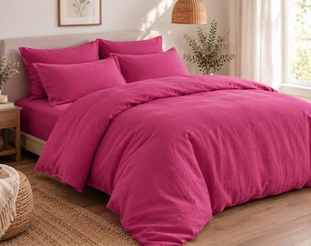 Magenta Pink Washed Linen Duvet Cover Set, Breathable Boho Bedding (3 Piece)