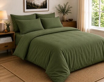 Green Cotton Duvet Cover Set, Soft Farmhouse Bedding, Queen King Twin Sizes