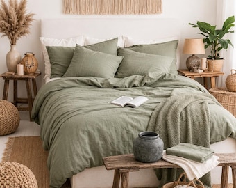 Sage Green Stonewashed Linen Duvet Cover Set, Soft Organic Boho Farmhouse Bedding