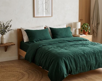 Dark Emerald Green Washed Linen Bedding Set, Soft Breathable Duvet Cover