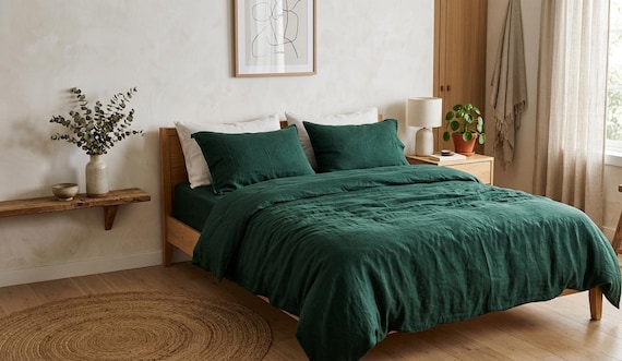 Dark Emerald Green Washed Linen Bedding Set, Soft Breathable Duvet Cover