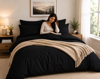 100% Cotton Black Duvet Cover Set, Soft Breathable Bedding, Minimalist Style