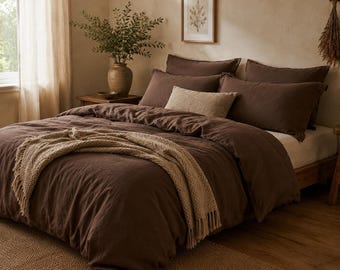 Chocolate Brown Stonewashed Linen Duvet Cover Set, Farmhouse Bedroom Decor