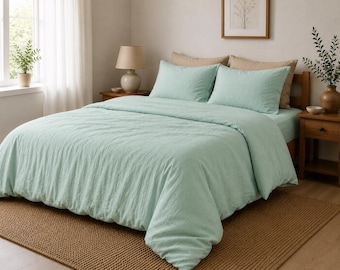 Mint Green Stonewashed Linen Duvet Cover Set, Soft Natural Bedding, Boho Farmhouse Style