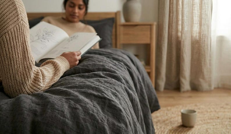 Charcoal gray linen bedding set on a wooden bed in a bright minimalist bedroom, featuring soft washed linen texture, neutral decor, natural light, and modern Scandinavian styling.