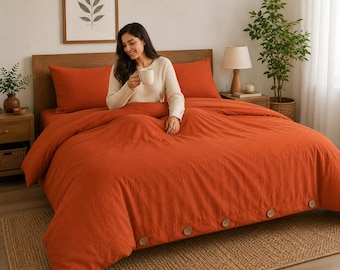 Rust Orange Cotton Duvet Cover Set, Soft Washed Bedding, Coconut Button Closure