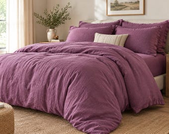 Mauve Purple Linen Duvet Cover Set, Stonewashed Bedding, Solid Plum Comforter Cover