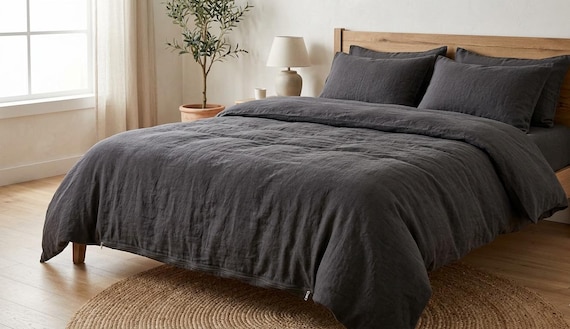 Charcoal Grey Stonewashed Linen Bedding Set, Soft Breathable Zipper Comforter Cover