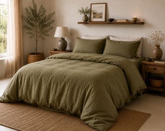 Olive Green Stonewashed Linen Duvet Cover Set, Boho Bedroom Decor