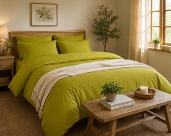 Chartreuse Green Cotton Duvet Cover Set, Solid Modern Farmhouse Bedding