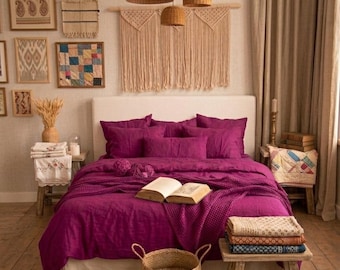 Raspberry Stonewashed Linen Duvet Cover Set | Soft Washed Boho Bedding