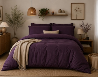 Dark Plum 100% Cotton Duvet Cover Set, Minimalist Modern Bedding with Pillowcases