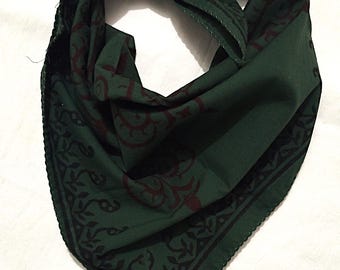 Hand Block Print Cotton Bandana, Botanical Natural Dye Scarf, India Artisan Headwear