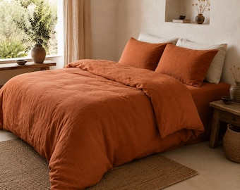 Rust Orange Stonewashed Linen Duvet Cover Set, Boho Bedroom Decor