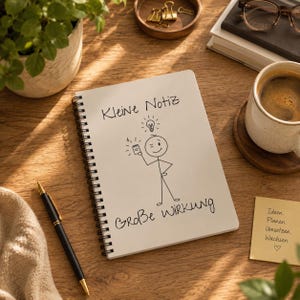 May include: A spiral-bound notebook with the words "Kleine Notiz" and "Große Wirkung" and a stick figure with a lightbulb above its head. A pen, coffee cup, and sticky note are also on the wooden surface.
