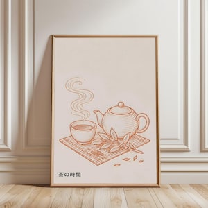 May include: A framed wall art print featuring a line drawing in burnt orange on a cream background. The illustration depicts a teapot, a steaming cup of tea, and tea leaves resting on a bamboo mat. The Japanese text "茶の時間" is printed in the corner.