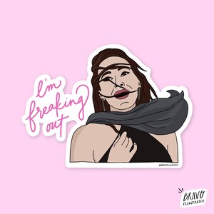 Puede incluir: Una pegatina con una ilustración de dibujos animados de una mujer con el pelo al viento y una bufanda. El texto "I'm freaking out" está escrito en rosa en cursiva. El fondo es rosa claro.