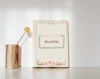Bismillah Wall Art Print, islamitische bloemenlijst digitale download, instant afdrukbare kunst.