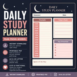 Könnte beinhalten: Eine tägliche Studienplaner-Vorlage mit dunklem Hintergrund, verziert mit einer Mondsichel und Sternen. Das Layout enthält einen Zeitplan von 8 bis 22 Uhr, Tagesziele, Prioritäten und ein Zitat des Tages, mit Text in Weiß und Rosa.