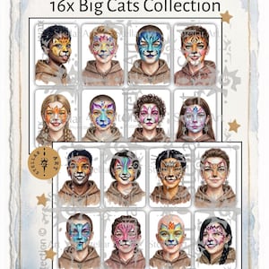Puede incluir: Una colección de 16 fichas de maquillaje titulada Facecharts StellarArt 16x Big Cats Collection y My Facepaint Set - StellarArt. Las fichas muestran a varias personas con diseños de pintura facial de grandes felinos coloridos y detallados.