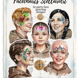 Op de afbeelding: Een digitale kunstprint getiteld "Facecharts StellarArt" met vijf feestelijke gezichtsschilderontwerpen. De ontwerpen bevatten kleurrijke bloemen- en abstracte patronen. De tekst "My Facepaint Set - StellarArt" staat onderaan.