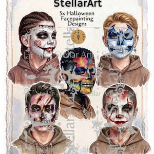 Può includere: Una collezione di cinque design per il trucco di Halloween intitolata Facecharts StellarArt. Le illustrazioni mostrano persone che indossano felpe con cappuccio marroni con vari stili di trucco, tra cui un burattino, un teschio blu, un teschio colorato, uno zombie e un clown.
