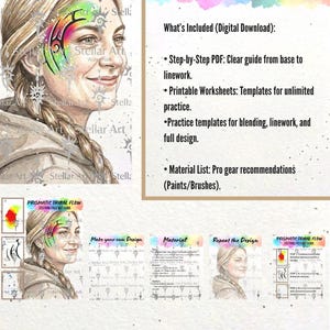 Puede incluir: Una guía digital titulada "Prismatic Tribal Flow Festival Face Art Guide". La guía incluye un PDF paso a paso, hojas de trabajo imprimibles y una lista de materiales. La imagen presenta a una mujer con arte facial colorido.