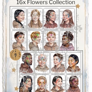 Puede incluir: Una colección de 16 tarjetas de diseño de pintura facial titulada Facecharts StellarArt 16x Flowers Collection My Facepaint Set - StellarArt. Cada tarjeta muestra el retrato de una persona con diseños florales pintados en la cara.