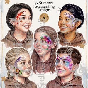 Puede incluir: Una colección de cinco diseños de pintura facial titulada Facecharts StellarArt 5x Summer Facepainting Designs My Facepaint Set - StellarArt. La ilustración muestra cinco retratos de personas con diversos diseños florales y abstractos pintados en la cara.