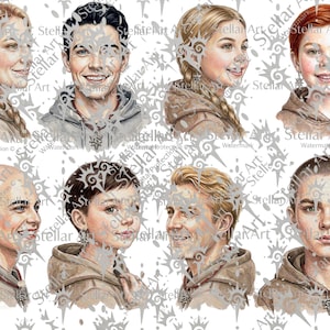 Op de afbeelding: Een verzameling aquarelportretten van diverse personen, elk met een hoodie en een hangerketting. De portretten tonen een verscheidenheid aan huidtinten, kapsels en gezichtsuitdrukkingen, in een zachte, artistieke stijl.