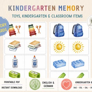 Puede incluir: Un conjunto de 40 tarjetas de memoria imprimibles tituladas KINDERGARTEN MEMORY TOYS, KINDERGARTEN & CLASSROOM ITEMS. Las tarjetas presentan ilustraciones en acuarela de xilófonos, mochilas, libros, botes de pegamento, soles y bloques.