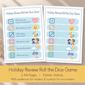 Pode incluir: Duas folhas de papel brancas idênticas intituladas Holiday Review Roll the Dice Game. Cada folha apresenta seis linhas com ícones de dados, perguntas e ilustrações em aguarela, incluindo um coração, um smiley, uma bola, crianças, uma nuvem e uma casa.