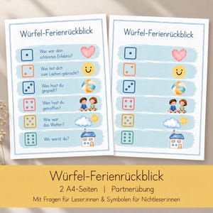 May include: Two identical white sheets titled Würfel-Ferienrückblick featuring six rows with dice icons, German text questions, and corresponding watercolour illustrations including a heart, smiley face, beach ball, children, weather, and a house.