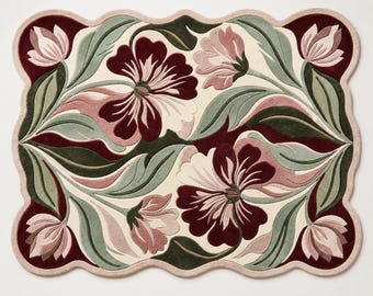 Handgetufteter Teppich mit floralem Muster, botanischem Wellenrand, Cottagecore-Dekor