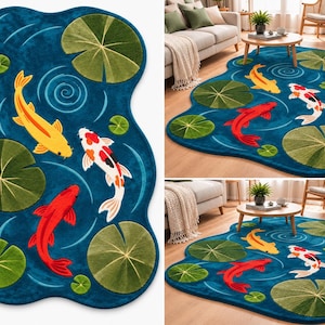 K&ouml;nnte beinhalten: Ein unregelm&auml;&szlig;ig geformter Teppich mit tiefblauem Hintergrund und Teichmotiv. Das Design zeigt drei Koi-Fische in Gelb, Rot und Wei&szlig; mit orangefarbenen und schwarzen Flecken, umgeben von mehreren gr&uuml;nen Seerosenbl&auml;ttern und hellblauen Wellenmustern.