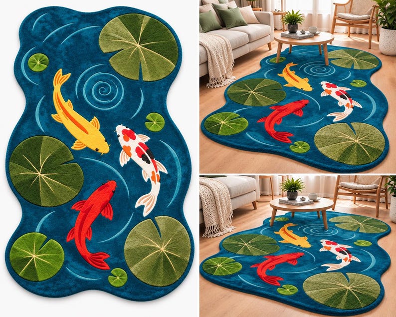 K&ouml;nnte beinhalten: Ein unregelm&auml;&szlig;ig geformter Teppich mit tiefblauem Hintergrund und Teichmotiv. Das Design zeigt drei Koi-Fische in Gelb, Rot und Wei&szlig; mit orangefarbenen und schwarzen Flecken, umgeben von mehreren gr&uuml;nen Seerosenbl&auml;ttern und hellblauen Wellenmustern.