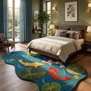 K&ouml;nnte beinhalten: Ein unregelm&auml;&szlig;ig geformter Teppich mit tiefblauem Hintergrund und Teichmotiv. Der Teppich zeigt drei Koi-Fische in Gelb, Rot und Wei&szlig;, umgeben von mehreren gr&uuml;nen Seerosenbl&auml;ttern und hellblauen Wasserwellenmustern auf der Oberfl&auml;che.