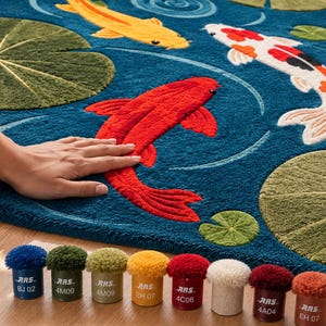 K&ouml;nnte beinhalten: Ein tiefblauer Teppich mit einem getufteten Design aus drei Koi-Karpfen in Rot, Gelb und Wei&szlig;, umgeben von gr&uuml;nen Seerosenbl&auml;ttern. Unter dem Teppich befinden sich acht kleine Beh&auml;lter mit Garnproben in passenden Farben, jeweils beschriftet wie RAS BJ 02.