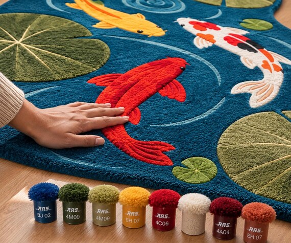 Hand Tufted Koi Pond Rug, Blue Fish Area Rug, Japanese Nature Inspired Wool Rug