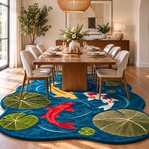 K&ouml;nnte beinhalten: Ein gro&szlig;er, unregelm&auml;&szlig;ig geformter Teppich mit tiefblauem Hintergrund und einem von einem Teich inspirierten Design. Der Teppich zeigt drei Koi-Fische in Rot, Gelb und Wei&szlig; mit orangefarbenen Flecken, umgeben von mehreren gr&uuml;nen Seerosenbl&auml;ttern.