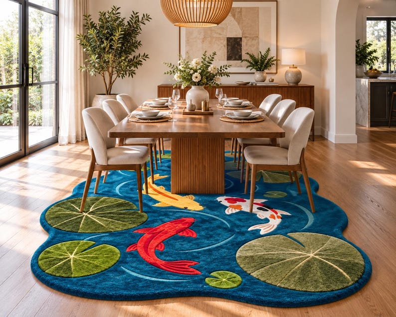 K&ouml;nnte beinhalten: Ein gro&szlig;er, unregelm&auml;&szlig;ig geformter Teppich mit tiefblauem Hintergrund und einem von einem Teich inspirierten Design. Der Teppich zeigt drei Koi-Fische in Rot, Gelb und Wei&szlig; mit orangefarbenen Flecken, umgeben von mehreren gr&uuml;nen Seerosenbl&auml;ttern.