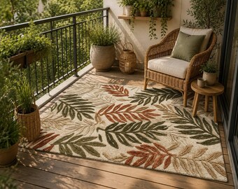 Handgetufteter botanischer Blatt-Wollteppich, Boho tropischer Elfenbein-Teppich