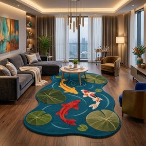 K&ouml;nnte beinhalten: Ein unregelm&auml;&szlig;ig geformter Teppich mit tiefblauem Hintergrund und einem von einem Teich inspirierten Design. Der Teppich zeigt drei Koi-Fische in Gelb, Rot und Wei&szlig; mit orangefarbenen Flecken, umgeben von mehreren gr&uuml;nen Seerosenbl&auml;ttern und hellblauen Wellen.
