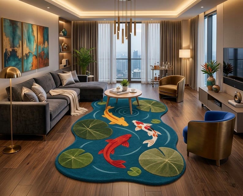 K&ouml;nnte beinhalten: Ein unregelm&auml;&szlig;ig geformter Teppich mit tiefblauem Hintergrund und einem von einem Teich inspirierten Design. Der Teppich zeigt drei Koi-Fische in Gelb, Rot und Wei&szlig; mit orangefarbenen Flecken, umgeben von mehreren gr&uuml;nen Seerosenbl&auml;ttern und hellblauen Wellen.